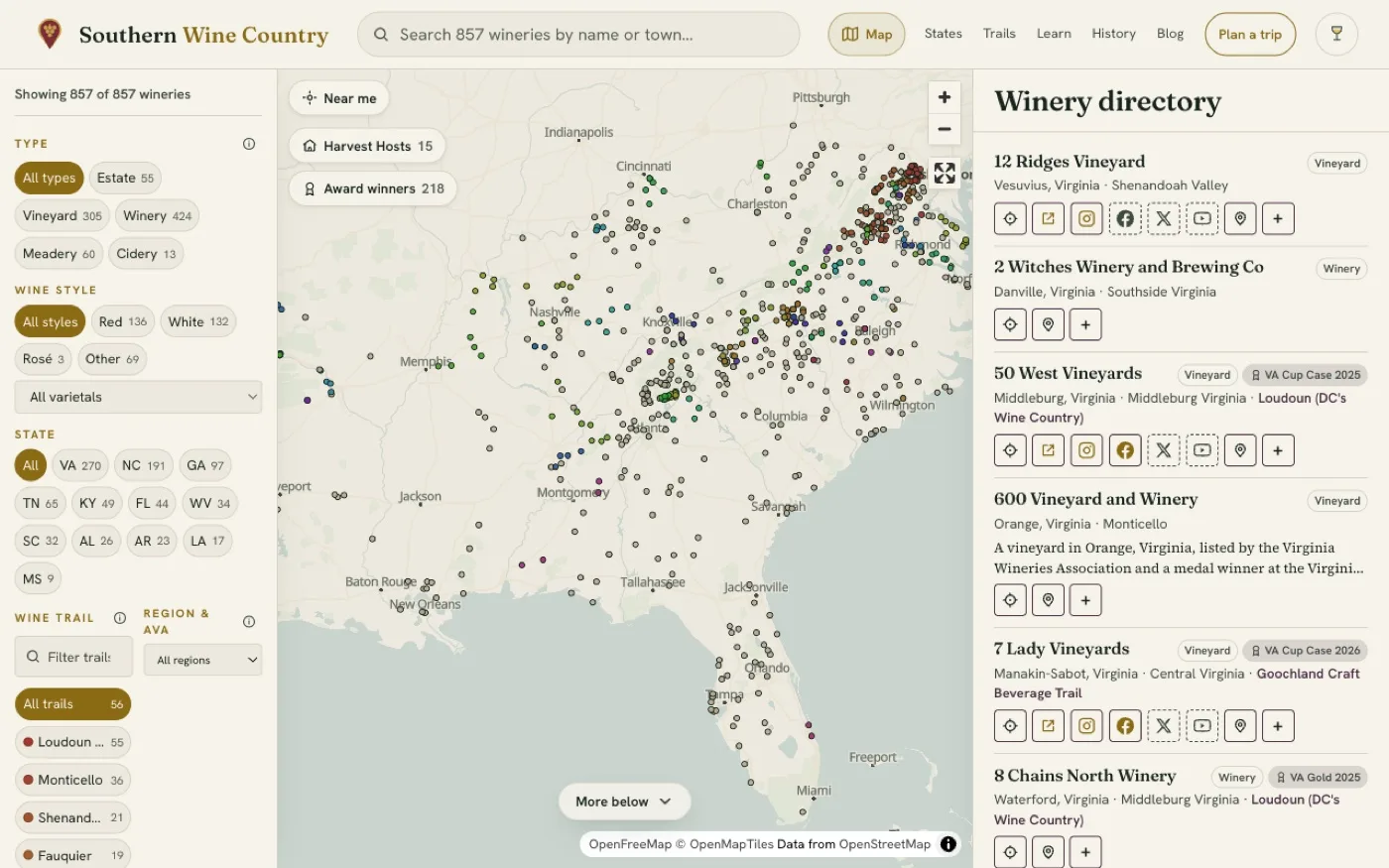 Preview of the Southern Wine Country homepage